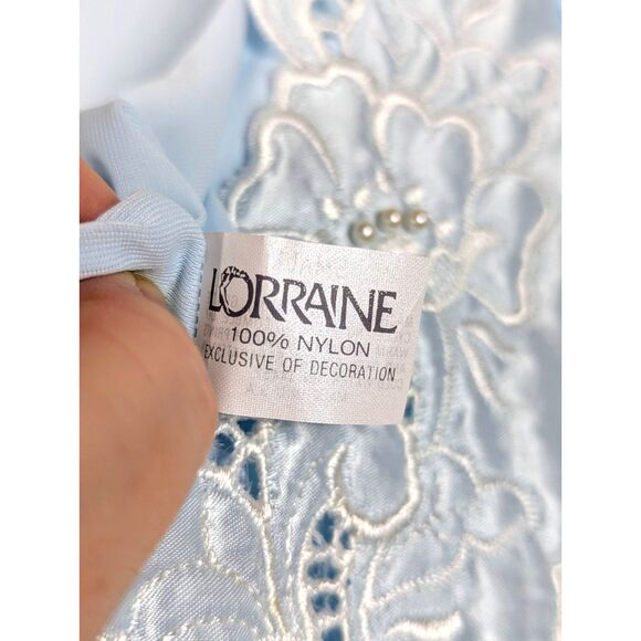 VINTAGE LORRAINE 80s/90 Nylon Maxi Night Gown USA Pale Blue Modest Cottage Small - Picture 7 of 8